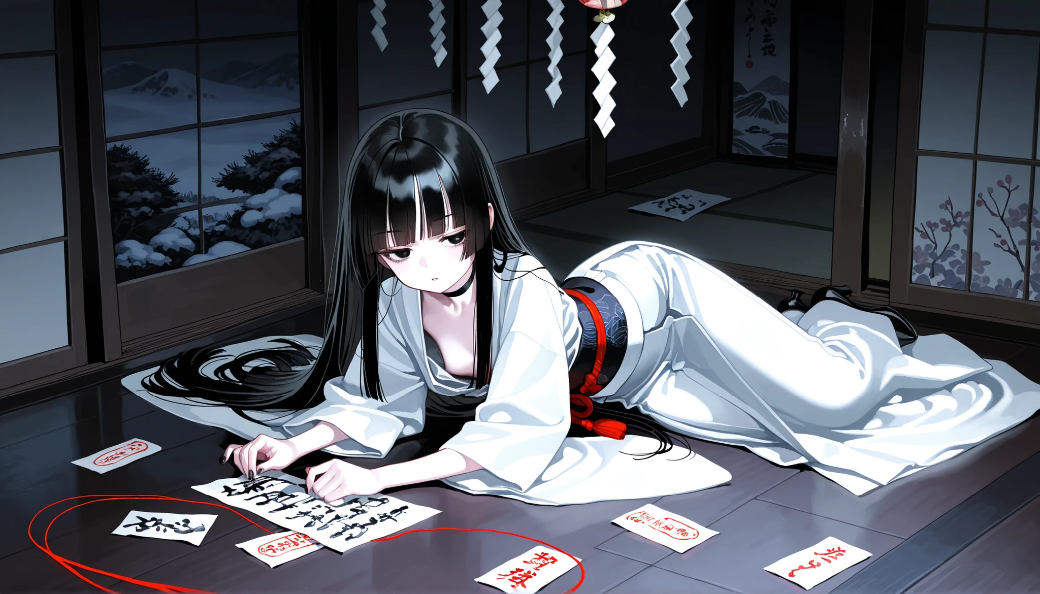1girl, black eyes, black lush eyelashes, jitome, Very thick and long black Hair, blunt bangs, hime cut, flat Breast, white clothes, kumo-onna, Choker, nail polish, black nails, masterpiece, best quality, Perfect details, perfect composition, Perfect face, Perfect hand, absurdres, newest, very aesthetic, amazing quality, highres, film grain, Focus on the character, Cinematic, dramatic, Magnificent, cute expression, Ito Junji, Tomie, doremi, hwansang, mx2j, ukiyo-e, tease, snow, Elegance, peaceful, full body, thin string, red string, thin thread, floating thick hair, Puppet Master, marionette, A lot of thread, Dreamy, Thin threads tied around the body, Oriental sealed, sealed girl, charms, katashiro, paper dolls, Ball-jointed dolls, Fairytale, dark theme, oriental theme, A lot of oriental dolls, shide, shinto, thick shimenawa, narrow and empty space, sealed goddess, Countless paper charms scattered on the floor, horror mood, Japanese horror, A lot of paper charms scattered on the floor, creepy, horror manga, horror movie, kanji, calligraphy