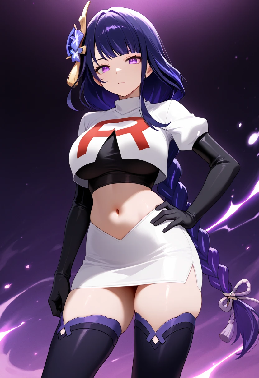((masterpiece, best quality)), good anatomy, detailed body, uncensored, wallpaper, 1girl, solo, <lora:teamRocketUniform_V1:1>, team rocket uniform, white jacket, black undershirt, cowboy shot, black skirt, (white gloves:0.4), black pencil skirt, midriff, (red "R" on shirt:1.2), clothes writing, <lora:camillaFE_03V10:0.45>, Camilla-FE-lora, smiling, large breast, SFW, yellow lighting,(forest background, ambient light, night time, moon in the background), yellow particle effects, (purple eyes:0.65), hair ornament, one eye covered by hair