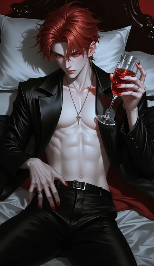 1 boy, One, man, Beautiful, bright red dyed hair, masculine, piercing, pale skin, I am lying on the bed, piercing, cigarette, cigarette smoke, to frown, bandages, Black leather jacket, Black tattoos, rose petals, detailed eyes, bully