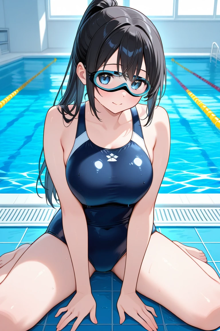 ass pov,nsfw,beautiful girl,Anime Face,older sister,Black Hair,parted sagging breasts,gleaming skin,(low quality,worst quality:1.4),extra limbs,missing limb,extra digit,fewer digit,missing digit,missing finger,fused fingers,mutated hands and fingers,1girl,sweat,face forward,front,embarrassed,competition swimsuit,pool,sagging breasts,fellatio