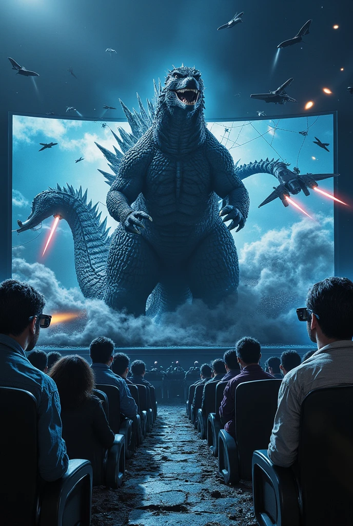 (Realistic),masterpiece,best quality,cinematic lighting,natural shadow,highest detail,professional qulity,detailed background,depth of field,insane details,intricate,aesthetic,detailed object. Cinema studia, 3 big screen. Godzila break the screen, godzila out from screen, broken screen. godzila go out of screen, jext fighters fly above godzila. audiences in front of godzila, audience wear 3D glasses, watching Godzila movie. epic action movie, cinematig effect come out to screen. buttom left size camera, Godzila with hero pose. fram of big screen on cinema studio. godzila body move to front, variation audience gendre and expresion. broken glass fly away to audience, broken big screen. Godzila head appear from broken screen.