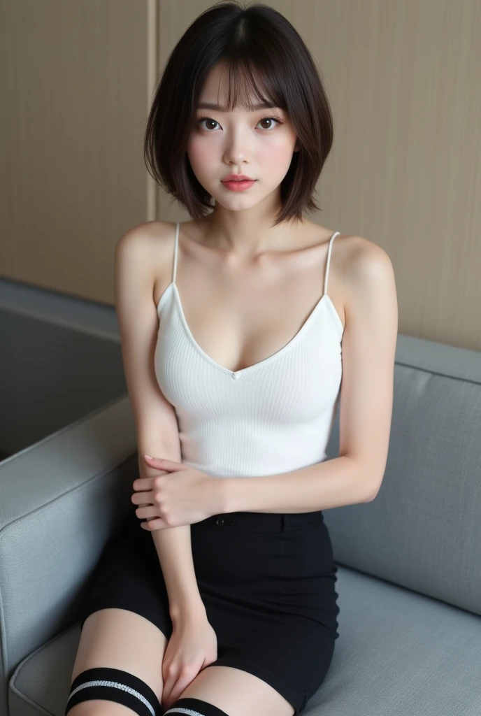 (((sitting on the sofa:1.3, indoor, Photographed from the front))), ((medium bob:1.3,white tank top, japanese woman, cute)), (clean, natural makeup), (highest quality, masterpiece:1.3, 超High resolution), (Super detailed, caustics), (realistic:1.4, RAW shooting), very detailed, High resolution, 16K resolution
