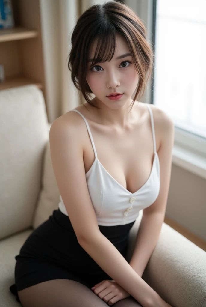 (RAW photo: 1.2), top quality, beautiful detailed girl, bunny girl, smile, short hair, highly detailed eyes and face, beautiful detailed eyes, huge file size, high resolution, 8k wallpaper, fine detail, highly detailed ticker uniform 8k wallpaper, light on face, movie lighting, 16 year old girl, sexy pose, (photorealism: 1.4), illustration, super detail, masterpiece, playboy bunny, fishnet pantyhose, camel toe, dynamic pose,sitting