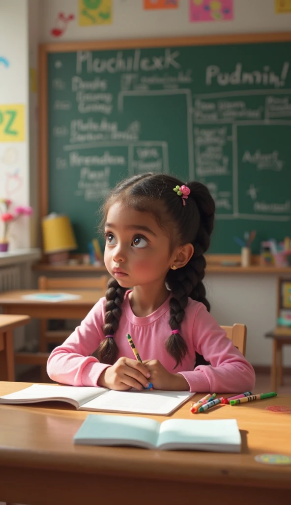 (best quality,4k,8k,highres,masterpiece:1.2),ultra-detailed,(realistic,photorealistic,photo-realistic:1.37),A young girl, about 10 years old, smiling and sits at her desk in her bedroom. She is wearing a school uniform and has her hair tied back in a ponytail. She is focused on her homework, which is spread out in front of her. There is a poster of her favorite band on the wall behind her, nowindow in room, some books and a lamp is on table in front of her, lamp is glowing softly, She is using a pencil to write in a notebook. The room is well-lit by a desk lamp. There is ,beautiful detailed eyes,beautiful detailed lips, extremely detailed eyes and face,,curly hair,focused expression,concentrating,intense concentration, magical pencil,glowing magical pencil,vivid colors,colorful pencils,and,table,long shot, wide angle lens