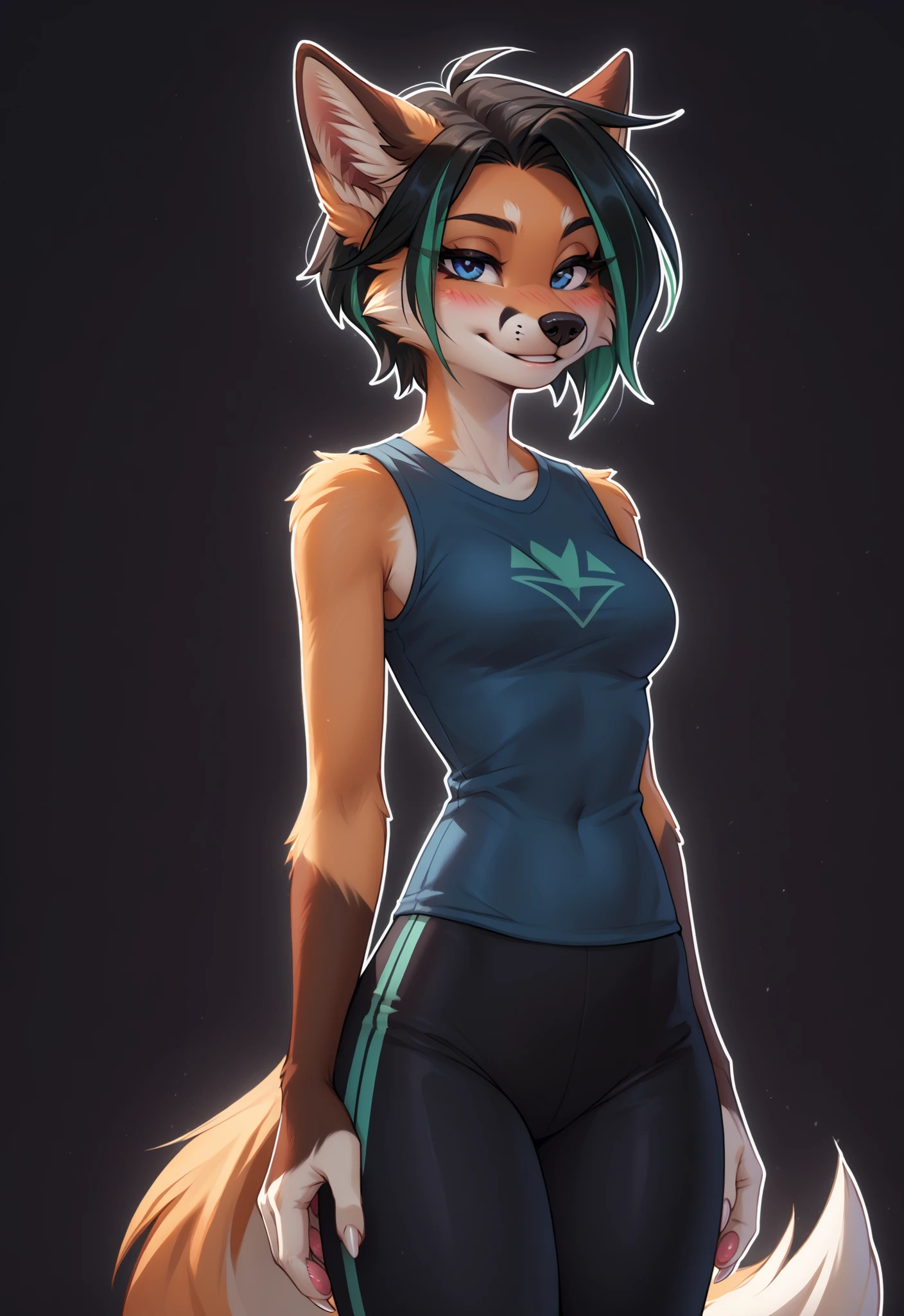 (4K HD Quality), highest quality, masterpiece, score_9_up, score_8_up, score_6_up, anthro, solo, 1girl, anthropomorphic, furry, fox, orange fur, dark blue eyes, white face, black nose, small medium breasts, fox tail, (white claw:1.1), pink pad paws,
(Short hair, black hair, green highlights, green streaks hair),
(brown ear top:1.1), (white tips tail:1.2),
((brown arms:1.4):1.4),
white hands,
(Dark-grey Rash T-shirt (sleeveless):1.4), (black Swim leggings:1.4),
(White outline:1.2), blushing, smiling, looking at view, Half-closed eyes, (close-up view:1.4),
Standing, (simple dark background:1.2),