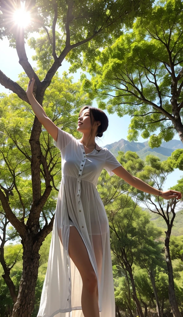 (masterpiece, best quality:1.2), 1girl, solo, standing, arm up, stretching, delicate face, white-skinned female, see-through silhouette, white dress, full body, outdoor, On top of the mountain