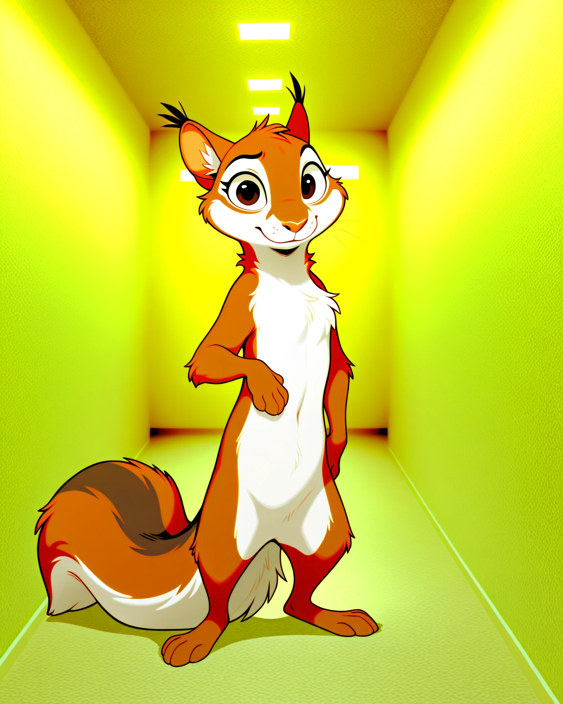 masterpiece, best quality, amazing quality, kaibabsqrrl, feral, kaibab_squirrel, two-tune fur, grey fur, brown fur, squirrel tail, white tail, ear tufts , standing in backrooms, looking at viewer, full body, , 2d, cartoon,