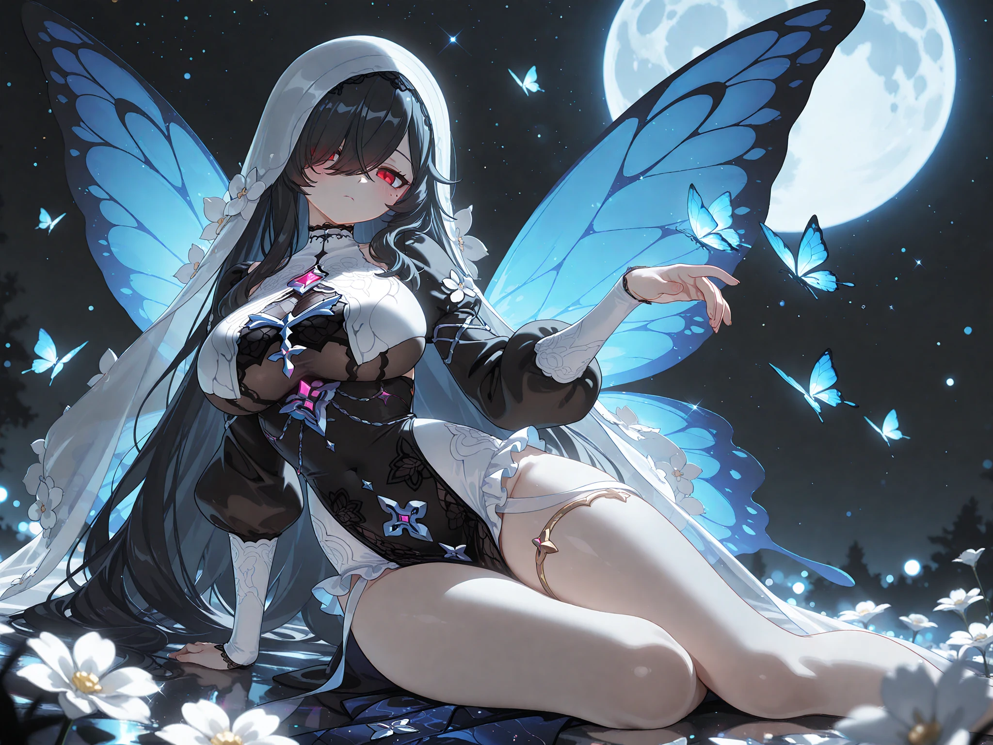 masterpiece, best quality, very aesthetic, absurdres, intricate, overall detail,  
kuroyukihime, accel_world, 1girl, antennae, black_footwear, black_gloves, black_hair, blush, breasts, butterfly_wings, cleavage, dress, duel_avatar, elbow_gloves,gloves, hair_ornament, high_heels, insect_wings, long_hair,  red_eyes, shoes, very_long_hair, wings, full_body, 
