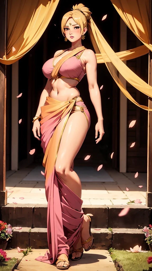 masterpiece, absurdres, temari\(naruto\), 1girl, solo,mature female, wearing indian saree, saree has blouse sleeveless, saree, golden dupatta and golden pallu, looking at viewelling petals), perfect composition, detailed lips, big breast, beautiful face, body proportion, blush, (pink lips), blonde hair, double short pony, blue-eyed, soft gaze, super realistic, detailed, photoshoot, realistic face and body, full body picture, standing in the middle of a flower garden