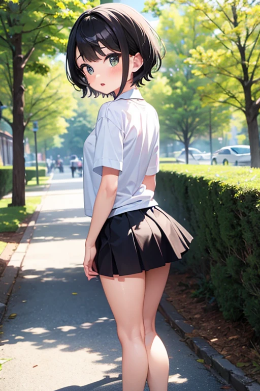 (Highest quality, masterpiece, Ultra-high resolution, (Photorealistic:1.4), RAW Photos),One girl,chool uniform,(wet:1.1), short sleeve,no skirt ,show off hip,no ,no bra,(Very short black hair, Amazingly cute face, Very beautiful big bla, Very lean body, Very flat and beautiful Massive Breasts and a be ass,blush,Showcasing clage, legs, stretch lespread legs, (back pose:1.3),View ailed face, Fine grain, Detailed Hair, Detailed body, Thigh details,