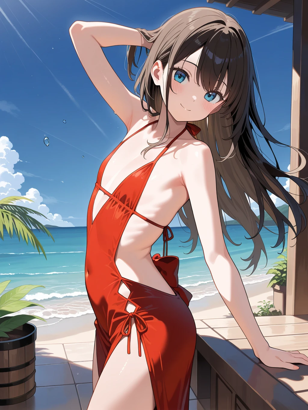 top-quality,Top image quality,in 8K,4K,masterpiece,ultra-detailliert,Beautiful、ultra-quality, best quality,high resolution, ultra-detailed,game cg,dutch angle ,beautiful detailed eyes, visualart,five fingers, perfect hands,beautiful girl,BREAK,10歳くらいの童顔beautiful girl,(Child's body shape),(flat chest),long pink wavy hair, half twin tail,emerald green eyes,(Rabbit ear hair bands),(Red Bunny Girl Suit;1.5),swimsuit,grinning face, grin,beach,(look back),(hair blowing in the wind:1.5),(spread arms:1.1)