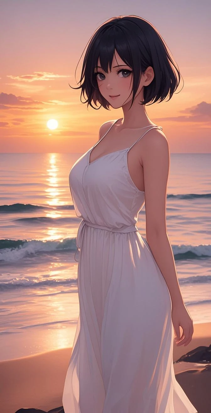 highres, ultra-detailed, (best quality,4k,highres,masterpiece),subdued colors, vivid colors, professional lighting, detailed lips, detailed eyes, tomboy girl, tomboy style, black hair, brown skin, short hair, ((messy hair)), strong body, ((tanned skin)), jujutsu kaisen art style, ecchi, erotic, ((sunset)), beach background, ((majestic white dress)), (one piece dress), ((black eyes)), neutral face, best quality, masterpiece, 4k, HDR, 
