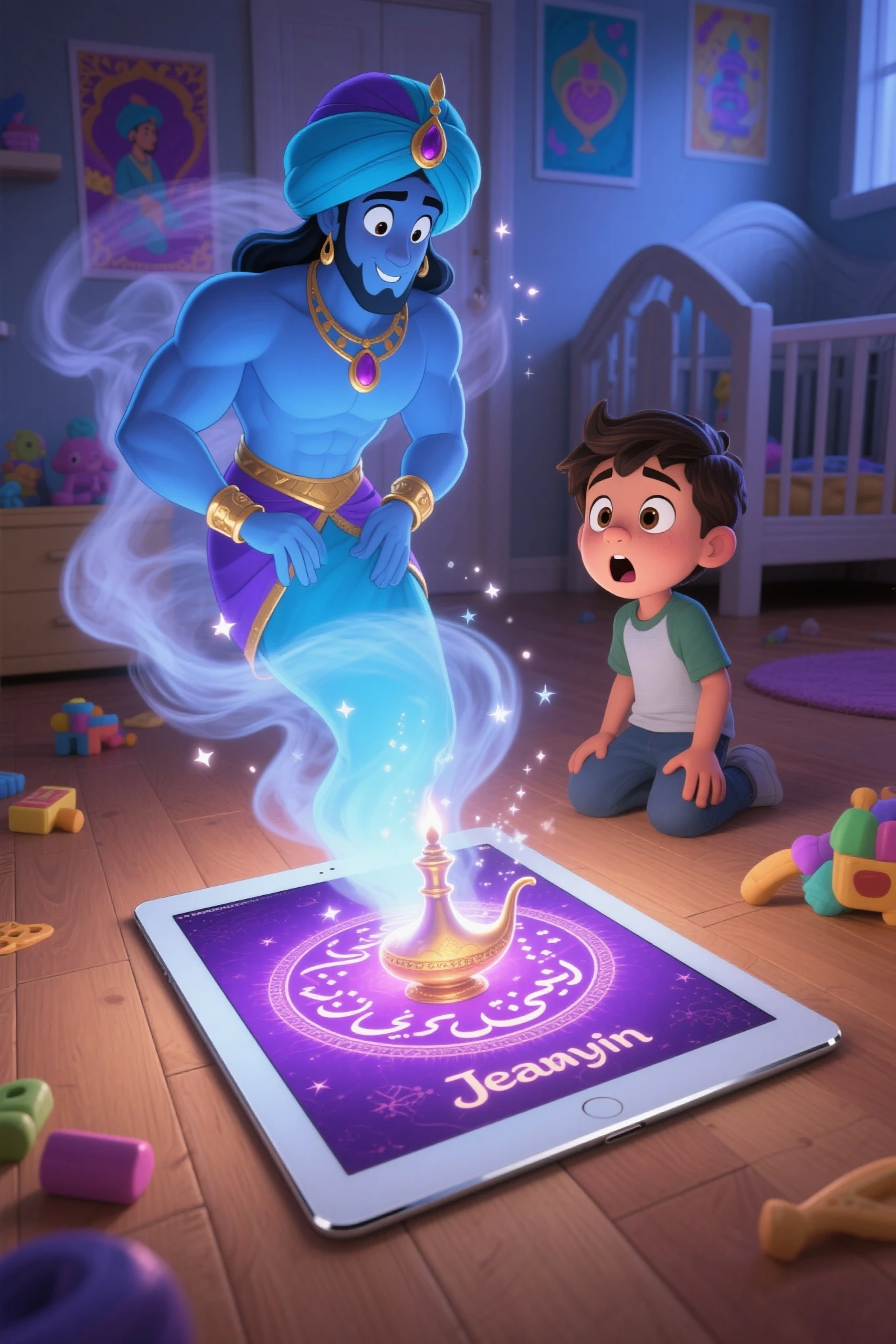 床に置かれたタブレットからJeannie(Spirit of the Lamp)blue or purple magic smoke, the tablet is placed on the floor of a modern room,タブレットから煙や魔法のエフェクトとともにJeannie(Spirit of the Lamp)appears,近くにいる少年がSurprised Expressionでその様子を見ている,scene is a modern nursery( bright hues、posters and toys are scattered slightly)floor is wooden flooring,floor The latest tablet placed on the(thin、Silver rim)scene is a modern nursery、full of light,Jeannie(Spirit of the Lamp)is a traditional Arabian style(blue skin、muscular、turban and gold bracelet like iPad),Her lower body is smoke and swirling and coming out of the tablet display,the expression is friendly and humorous,A boy of about、casual boyish clothes,Surprised Expression( Eyes wide open、with a 35 year old man opening his mouth)coming out of the screen, and a picture of a boy surprised,タブレットとJeannieから発光している(pale light、magical effects)The whole room is slightly dark、光源がJeannieとタブレット中心,magic smoke and sparkle、add stardust effects,looks like Arabic letters and a magic circle on the tablet display screen, high definition,drawing in every detail, anime art style, Cute Core, cute art style, cute anime , Official Artwork,