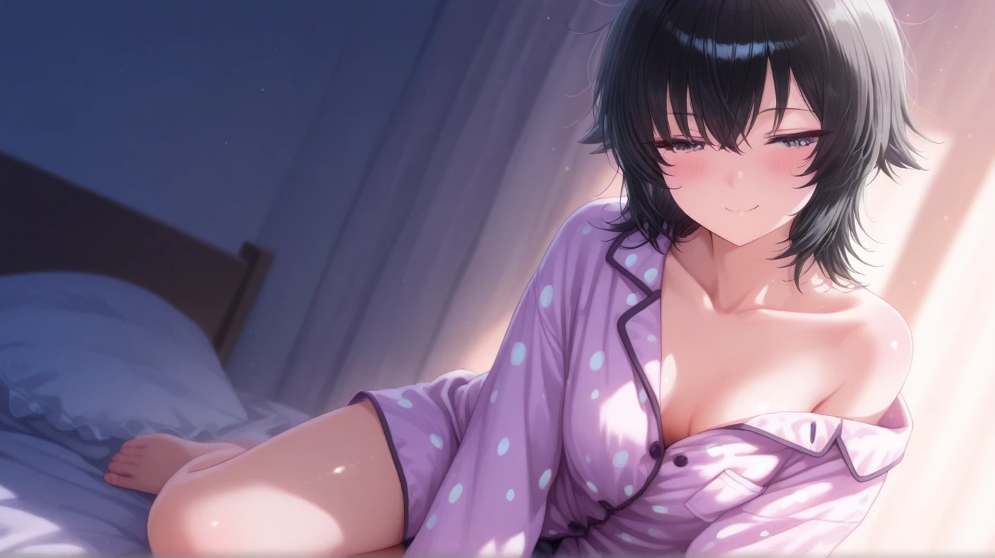 little breasts, happy, bedroom, coated, 16K, cleavage, masterpiece, best quality, solo, 1girl, happy, wide smile, realistic lighting. wear a sexy white shirt, open shirt, sexy, cleavage, on bed, happy face, 1girl, short hair, black hair, hair between eyes, purple eyes, white shirt, open shirt, loose shirt, little breast, kuchiki rukia sexy