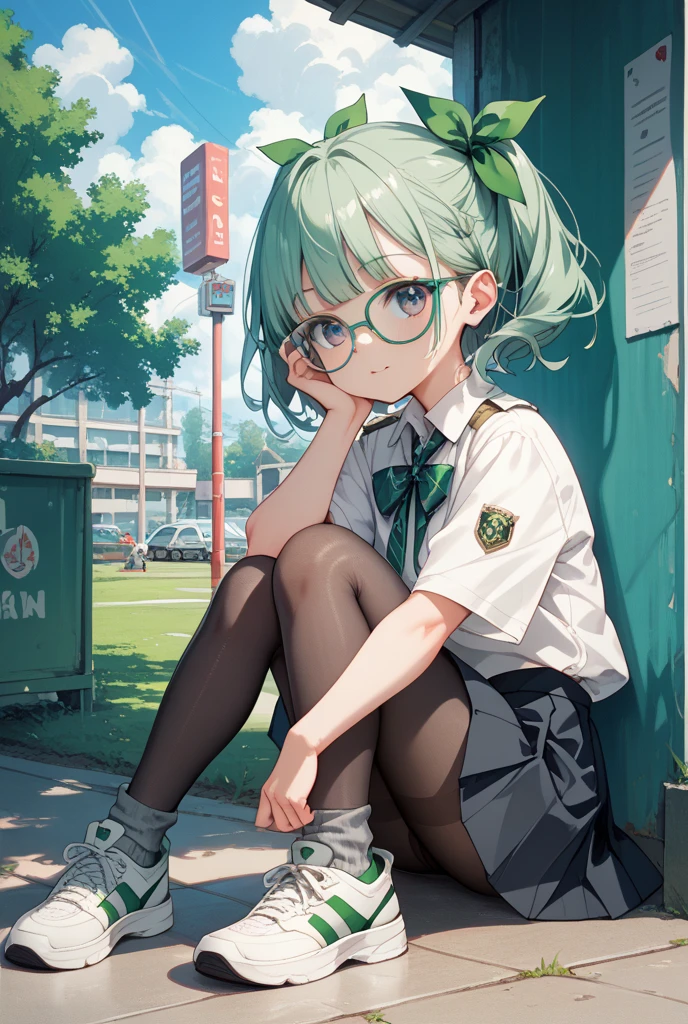 (8k, best quality, masterpiece: 1, 2), nude, top quality, masterpiece, no pants, no clothes, glasses, green hair, long hair, green bangs, light green big ponytail, heterochromic pupil, left eye blue pupil, right eye red pupil, left eye blue, right eye red, left eye sapphire, right eye ruby, angel wings, head ring, white head flower, casual wear, black backpack strap, neck strap, bare foot, bare foot, single, ankle ring, leg ring, flat chest, tomboy, outdoor exposure, edge rubbing, leaky flesh, full naked pectoral muscles
