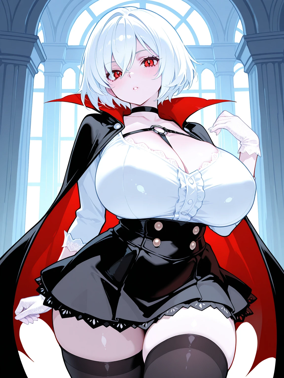 masterpiece, best quality, Modeus \(helltaker\), horns, white hair, demon girl, 1girl, full body, swimsuit, pantyhose, heels, demon horns, gigantic breasts, red eyes, short hair, black horns, hair over one eye, piercing, jewelry, tail, demon tail, choker, lip piercing, necklace, gigantic breasts,