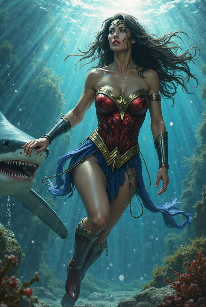 Wonder woman, big breasts, perfect body, Busty, ocean floor, underwater, Fighting with Shark