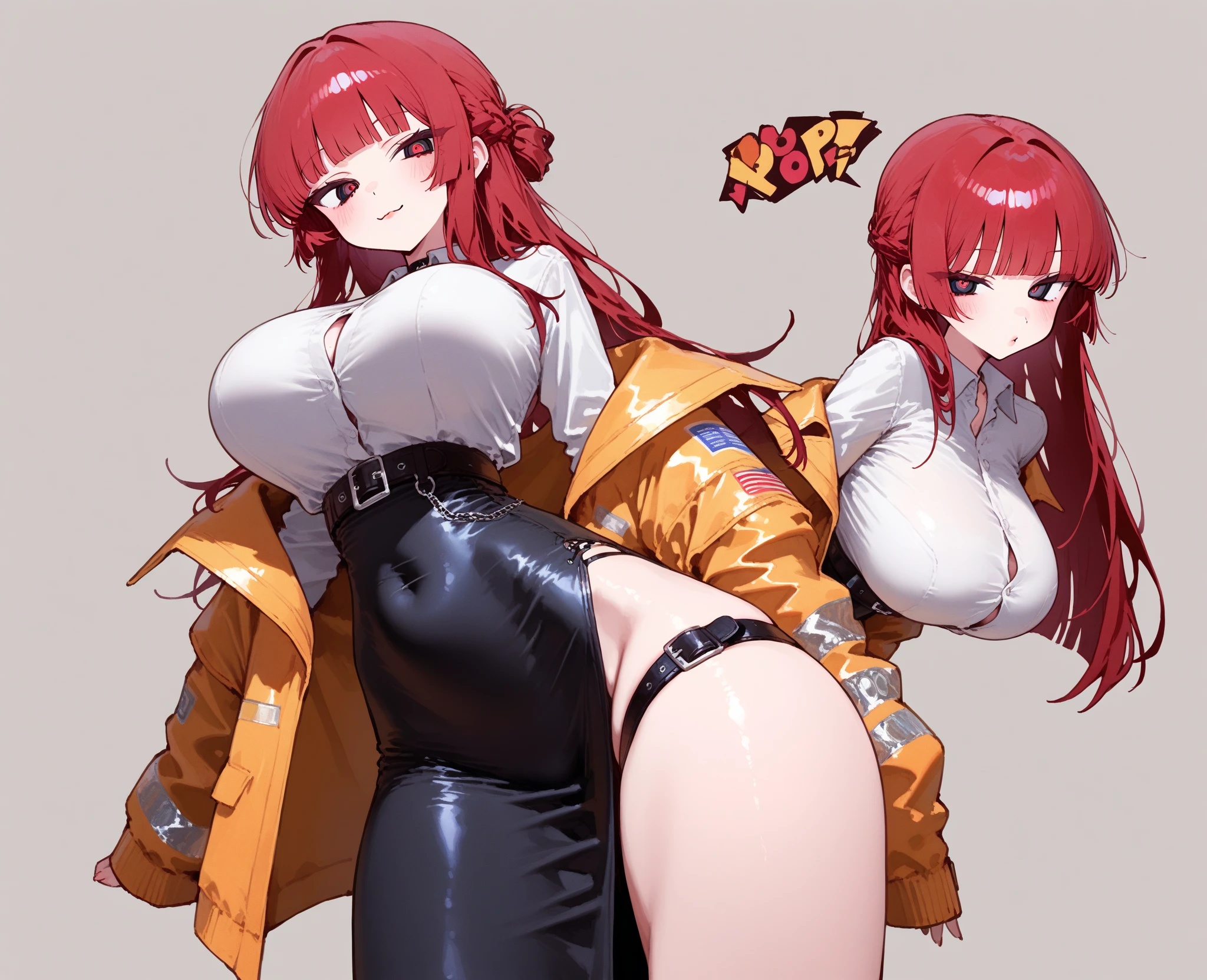 2 heads, a skinny woman with 2 heads. Sitting in a recliner in a living room. Short straight red hair. Bratty, bitchy. Scowling. She has baggy eyes. Wearing a baggy hoodie and shorts. Massive breasts. Smoking disposable vape. Giant tits. Relaxed pose, leaning back. Tall, low angle, looking down.