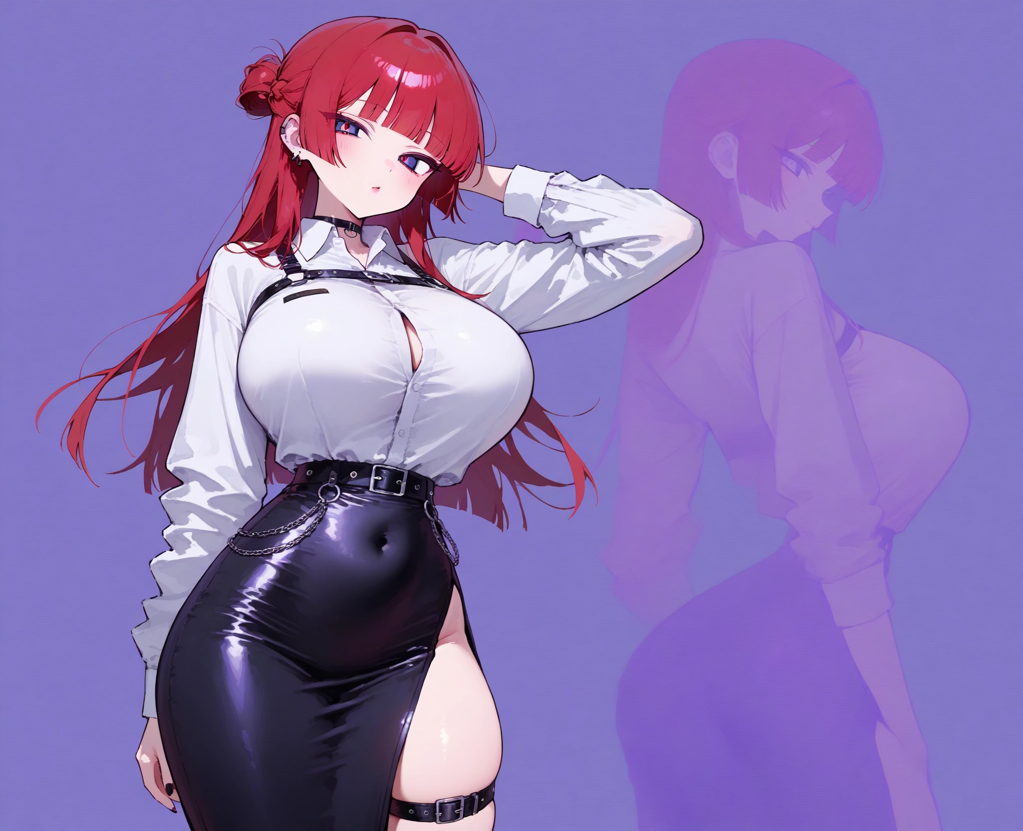 My name is Hikaru, I am a white test doll with long red hair and black eyes. I am 1.60 cm tall and weigh 56 kg. My breast sizes are 300 cm, my waist is 60 cm and my hips are 200 cm. Dressed in a long blue jacket and a garter belt along with a black thong. With big breasts 310 cm . Sitting in a desk chair