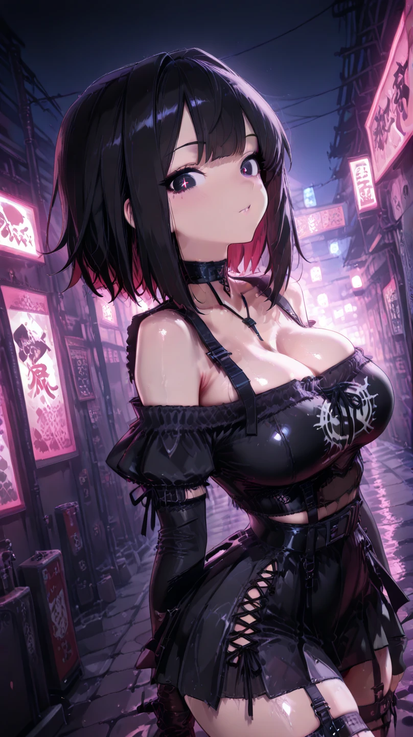 maid girl,(((1girl))),((maid girl with extremely cute and beautiful black hair)),
(large breasts:1.4),bountiful breasts,fluffy breasts,H cup bust,bust up,bulging bust top,(((black bob hair:1.35,colored inner hair,short hair,ear breathing))),((heterochromia:1.5, (purple_eye and blue_eye))),big eyes:1.3,((fat)),(((lustrous skin:1.5,bright skin: 1.5,skin tanned,shiny skin,very shiny skin,shiny body,plastic glitter skin,exaggerated shiny skin,illuminated skin,wet legs))),(spider lower abdomen,narrow waist,wide hip,athletic body,inflated legs,detailed body,(detailed face)),
cute,slutty,seductive,erotic,((nsfw)),
zettai ryouiki,(maid headdress),maid uniform,Headdress,(maid),sleeveless,mini skirt,boots,cleavage cutout,bare legs,clothes with a lot of lace frills,((wet clothes,intricate outfit,intricate clothes)),
(dynamic pose:1.0),solo focus,embarrassed,blush,sweat,((tears,open mouth)),moist eyes,(centered,scale to fit dimensions,Rule of thirds),
cyberpunk city by the ocean at night, with bright neon signs and dark stormy clouds and puddles, scenery:1.25,
artistic photography,(photography taken by sldr),highres, sharp focus, (ultra detailed, extremely detailed), (photorealistic artwork:1.37),(extremely detailed CG unity 8k wallpaper),((synthwave background theme)),(((vibrant colors))),(intricate background),(masterpiece),(best quality),