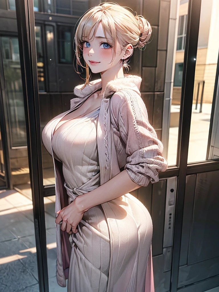 1girl in, delicate and beautiful face, get blush, Purple pupils，Golden hair，length hair，High Ponytail，angry, Parting lips, Plump chest，Convex buttocks，white turtleneck knit vest, Black short skirt，white  panties，White legwear，Perfectly proportioned, Detailed clothing details, inside in room，There are men around，Cinematic lighting, film grains, Fujicolor, light and darkcontrast, 8K, ​masterpiece, Textured skin, Super Detail, detaileds, High quality, high resolusion,
