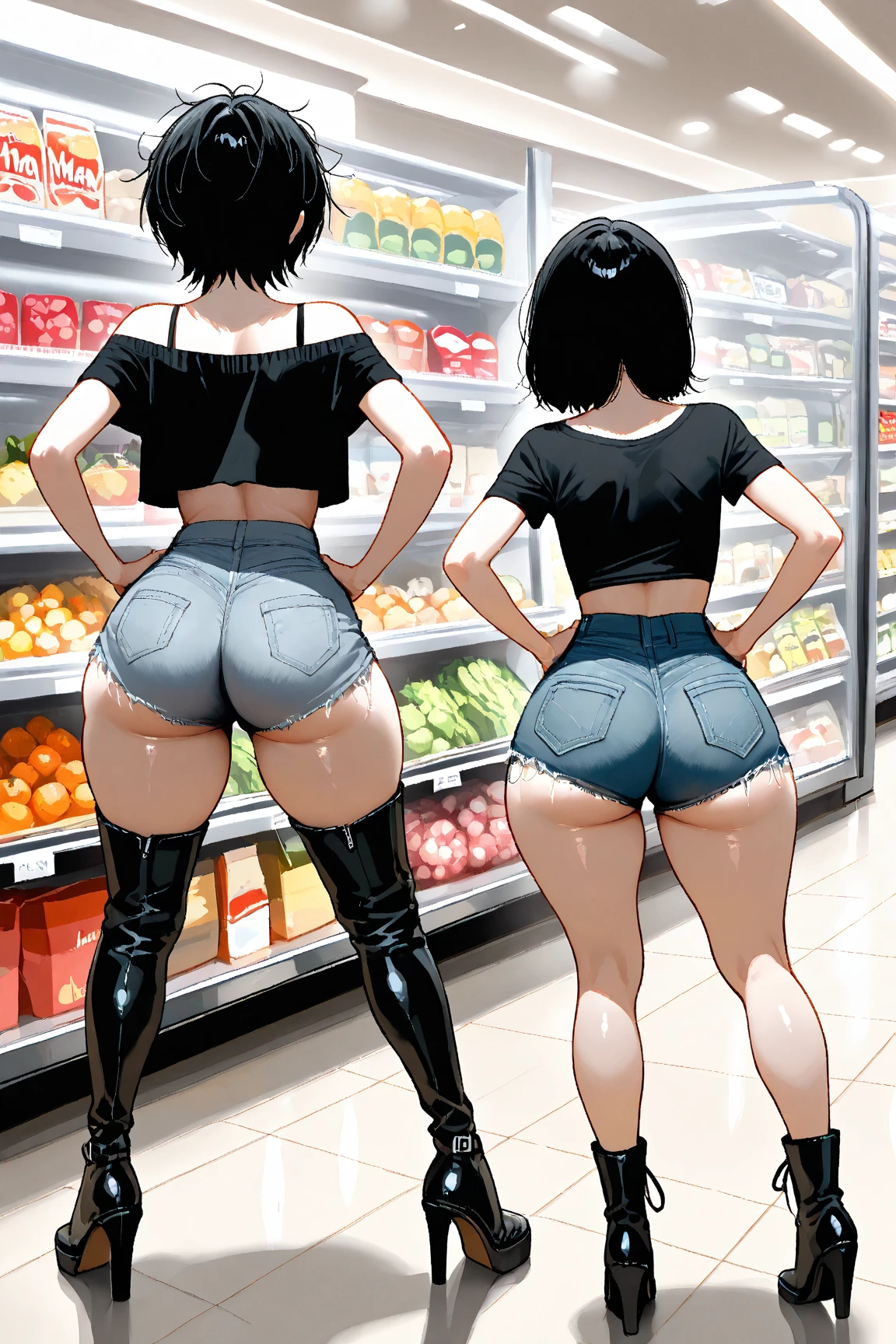 A woman wearing full-zip shorts eats a tlayuda at a taco stand Jeans have a belt Belly button piercing With side slits Big Ass Upper body naked
