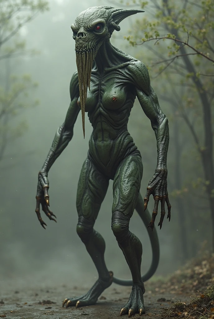 A man fused with a wendigo, crocodile skeleton with rhinoceros horn, bald tree roots, xolo dog skin and sewn like Frankenstein and sewing black saliva from his mouth and empty sockets, his mouth opens to disturbing levels Women's version with breasts and hips