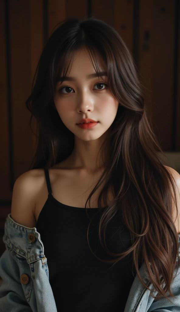 japanese girl, close-up face, brown eyes, red lips, brown hair, blushing cheeks