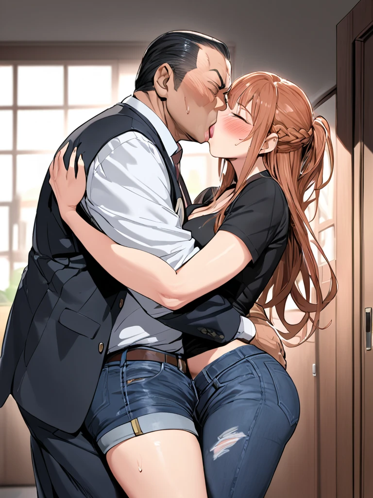 1girl and 1man, duo, indoors, love hotel, background, (view from side), small breasts, nipples, (money), prostitution, long hair, young girl, blush, blond hair, twintails, a man fucks her virgin pussy, vaginal, virgin, (defloration), pain, tears, doggystyle, vaginal, trickle of blood, on bed, grasping sheets, fat man, detailed thick female pubic hair, (big penis), thrusting, open and unbuttoned school-shirt, skirt, love hotel room, heavy atmosphere, thrusting, (motion lines), (dark room), virgin blood, old fat man, top down ass up, blood on bedsheet, clenched teeth, randoseru, red bagpack,