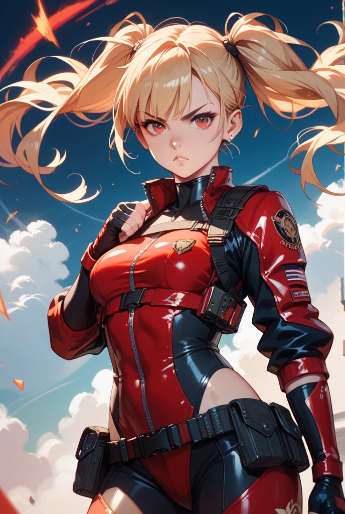 A woman, 20 years old, long blonde hair, tall boots, futuristic red jacket, tank top, cleavage, military pants, tech equipment, Jill valentine, dog tag, full body, white background