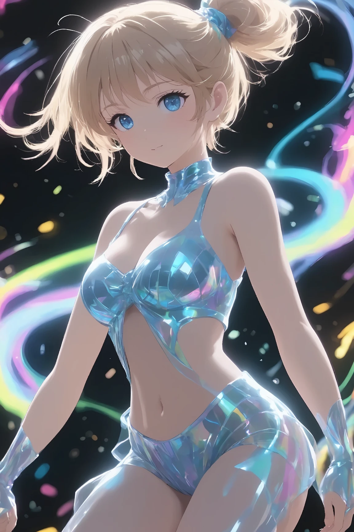 (blonde、girl、short hair、young、、young girl、small breasts、small breasts、smile)(transparent costume、shiny material、Transparent hero suit、Her chest is transparent、Transparent material that allows skin to be seen、thin fabric)(Thin pubic hair、Transparent underhair)NSFW