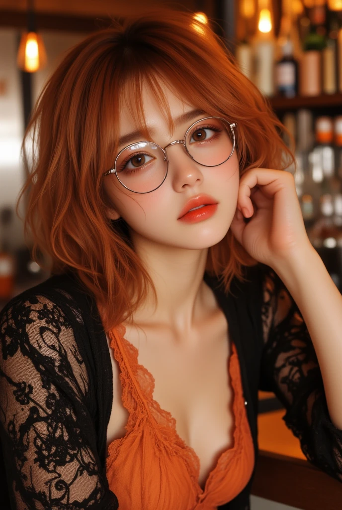 Best quality, masterpiece, portrait, close-up, ultra high resolution, (photorealistic: 1.4), raw photo, 1girl, off the shoulder, cinematic lighting, glasses, earrings in the perfect ears, bangs, (orange hair: 2.6 ), (bob cut: 1.5, black sweatshirt, no panties