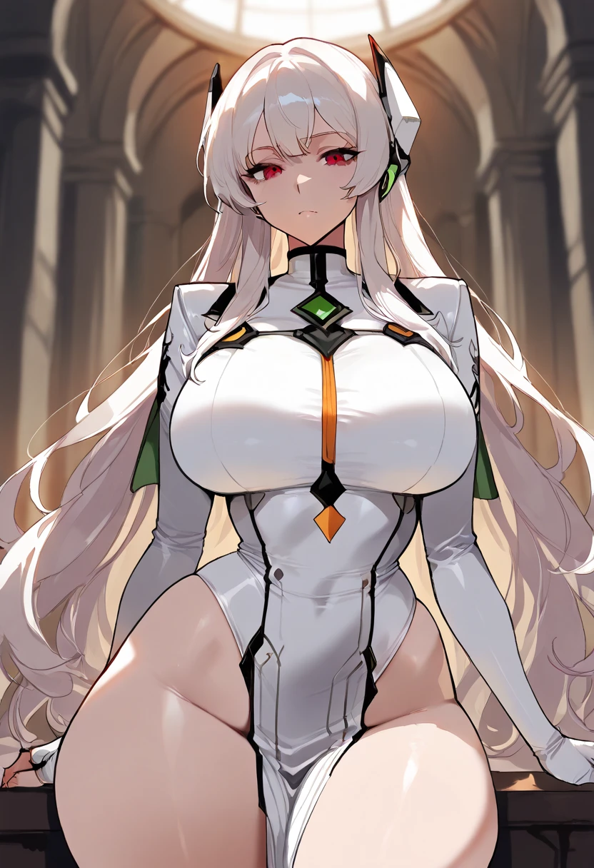 highest quality、Realistic、girl、zoom、Emerald green eyes、Long white curly hair、White Hero Suit、Glossy bodysuit、White Cape、Brown black skin、slender、Dark Skin、Large Breasts、Bust Shot、From below、universe space
