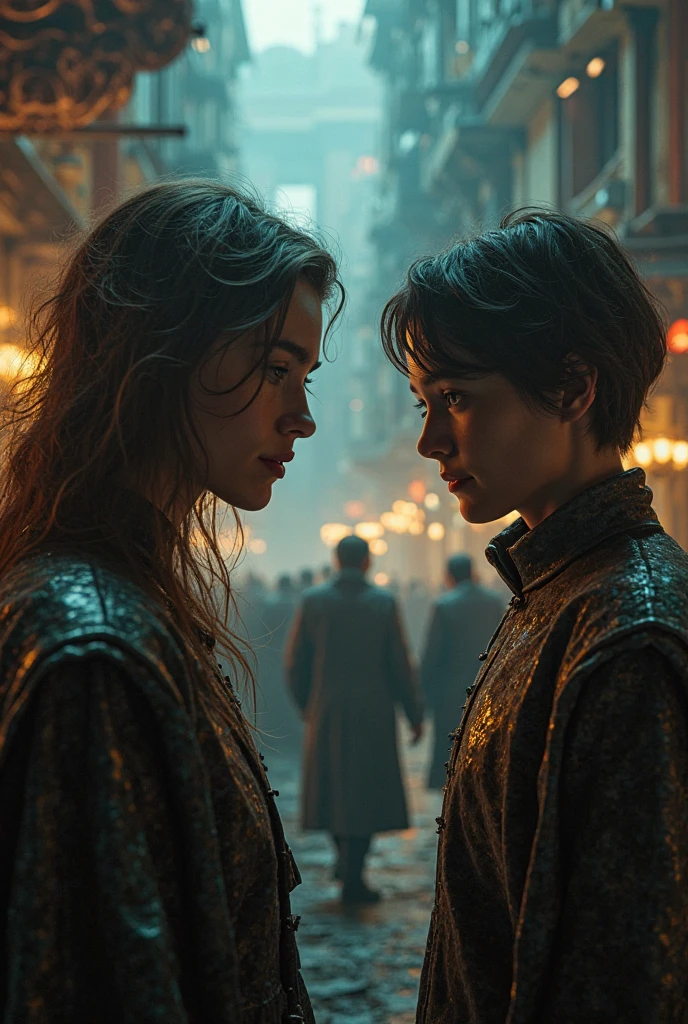 masterpiece. dark ambient. epic fantasy oil painting. Emma Watson hugging twin sister Emma Watson, leaning on throne. stylish, ripped shiny leather jeans. kissing. sweating. Background rain and stars.