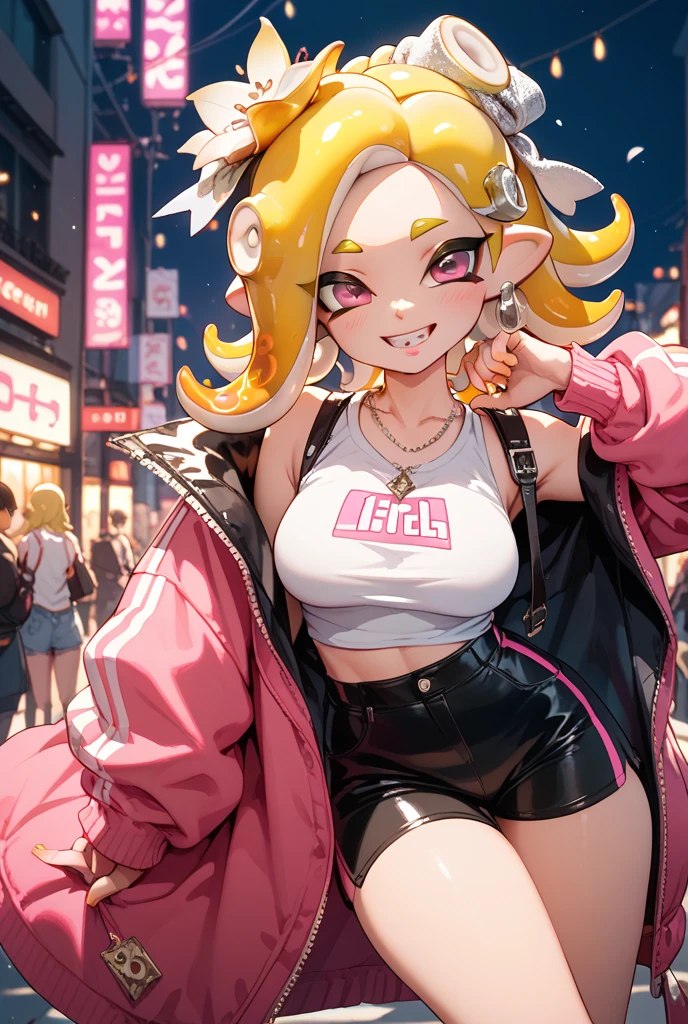 masterpiece, best quality, 1girl,solo, blonde hair, side ponytail, purple eyes,one eye closed, smile, narrow waist,makeup, heart earrings,cropped leather jacket, microskirt, alley, night,crop top,no bra, handbag, chain necklace,hand on hip, blowing bubble gum, pink bubble gum <lora:Bubble Gum:0.65>