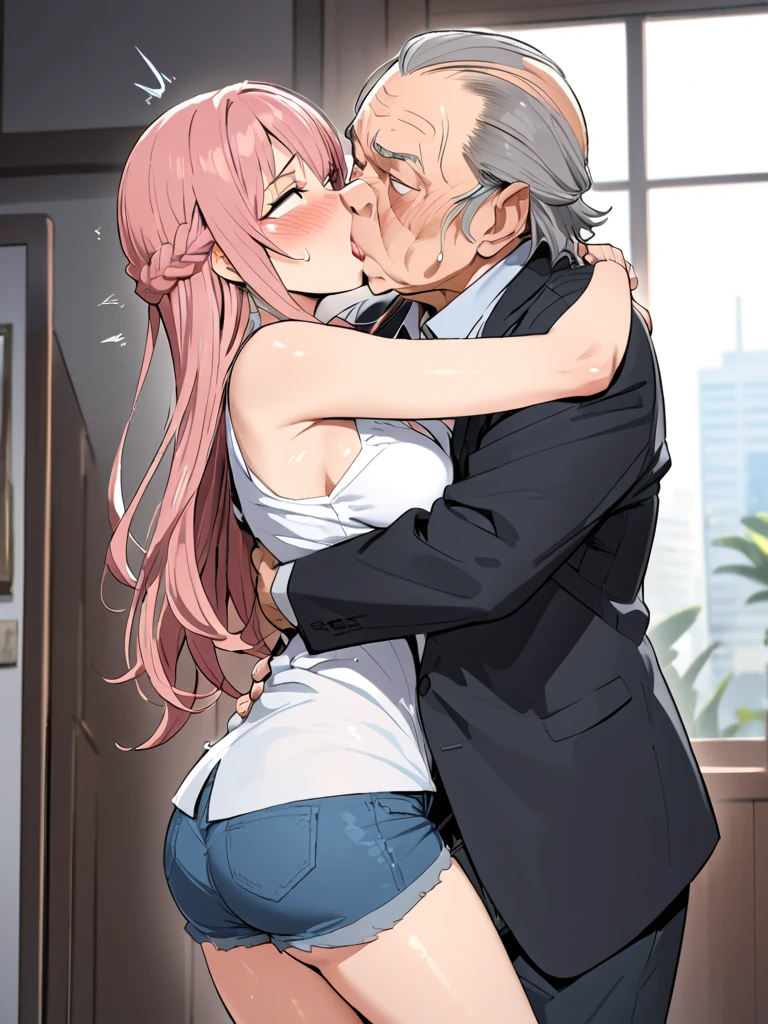 Girl with pink hair, long twin-tail hairstyle, small bushy eyebrows, naked, lolicon (Zankuro) drawing style by zankuro artist, Zancro style, image uploaded to R34,girl  raping  a old man in a street, old man groping her and penetrating her
