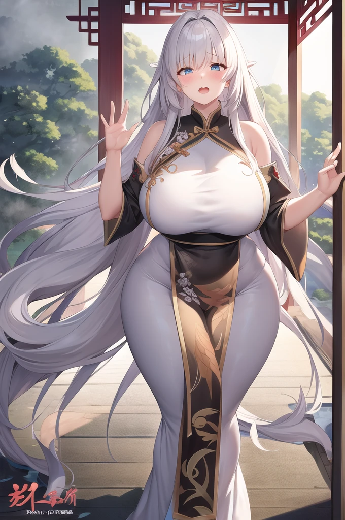 1female,35yo,MILF,long leges,Big breasts Thin waist,curvy, Wide hips,huge-breasted ,Pornographic exposure, solo,(Background with:bamboo forrest,lotuses,lotus flower,exteriors,Lotus pond) She has short silver-white hair,standing on your feet,Sweat profusely,drenched all over the body,seen from the front, hair straight, mostly cloudy sky,(((tmasterpiece),(Very detailed CG unity 8K wallpaper),best qualtiy,cinmatic lighting,detailed back ground,beatiful detailed eyes,Bright pupils,Black eyes,(Very fine and beautiful),(Beautiful and detailed eye description),ultra - detailed,tmasterpiece,)),facing at camera,A high resolution,ultra - detailed),revealing breasts,Bare genitalia, Bulge,legs are open,Raised sexy,Camel toes,Flushed complexion,Open-mouthed,frontage,high school senior,Sailor's cap(Wearing yellow flower jumpsuit pajamas)Full body photo,Show shoes