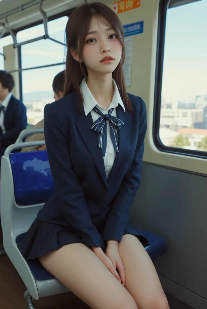 realistic, High resolution, soft light,1 female, alone, waist rises high, (detailed face),(Female student)((Girl sitting on train)),colorful hair、shortcut,wear、(Off-shoulder white blazer with emblem on the chest)、(translucent white blouse)、(loose red bow tie)(check skirt),long hair、(ponytail)、((Panty shot))、(You can see the white lace panties)、(close your eyes),(spread your legs a little)