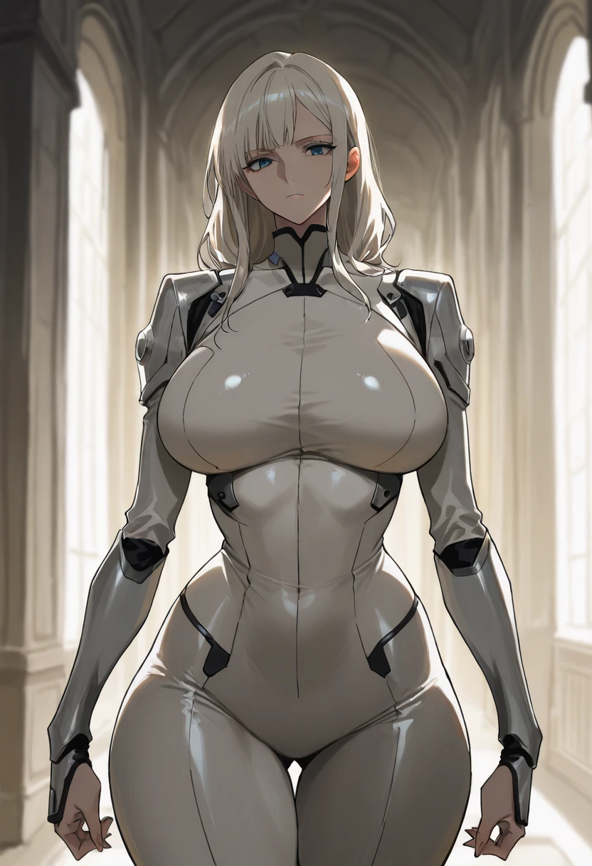 empty eyes,robotized woman ,big bust,Robot Joint ,Metal skin,Black Suit,long hair,a suit that covers the whole body,mechanization,robot, antenna
