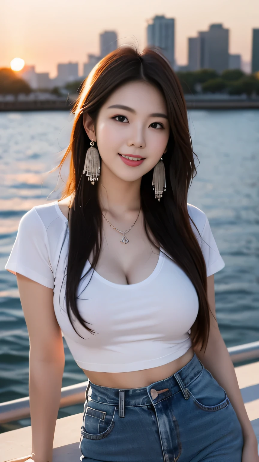 anatomically correct 5 fingers beautiful Korean woman in front of the machine straight hair earrings thin necklace Big Breasts Sensual Body Tshirt Jeans At the harbor pier with a beautiful sunset and look at the camera cute charming smile