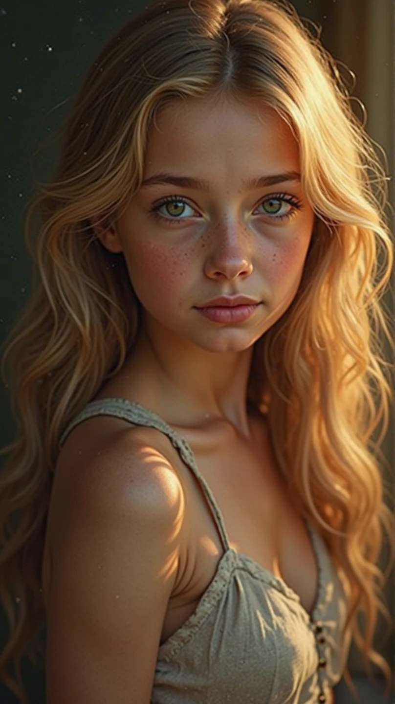 1, bare, Longhaire, smalll breasts, regarder le spectateur, blond hair, Bare shoulders, Brown eyes, jewels, tout le corps, neckleace, off shoulder, Pull-over, Lips, realistic, nose, Flirting with the naked camera 

