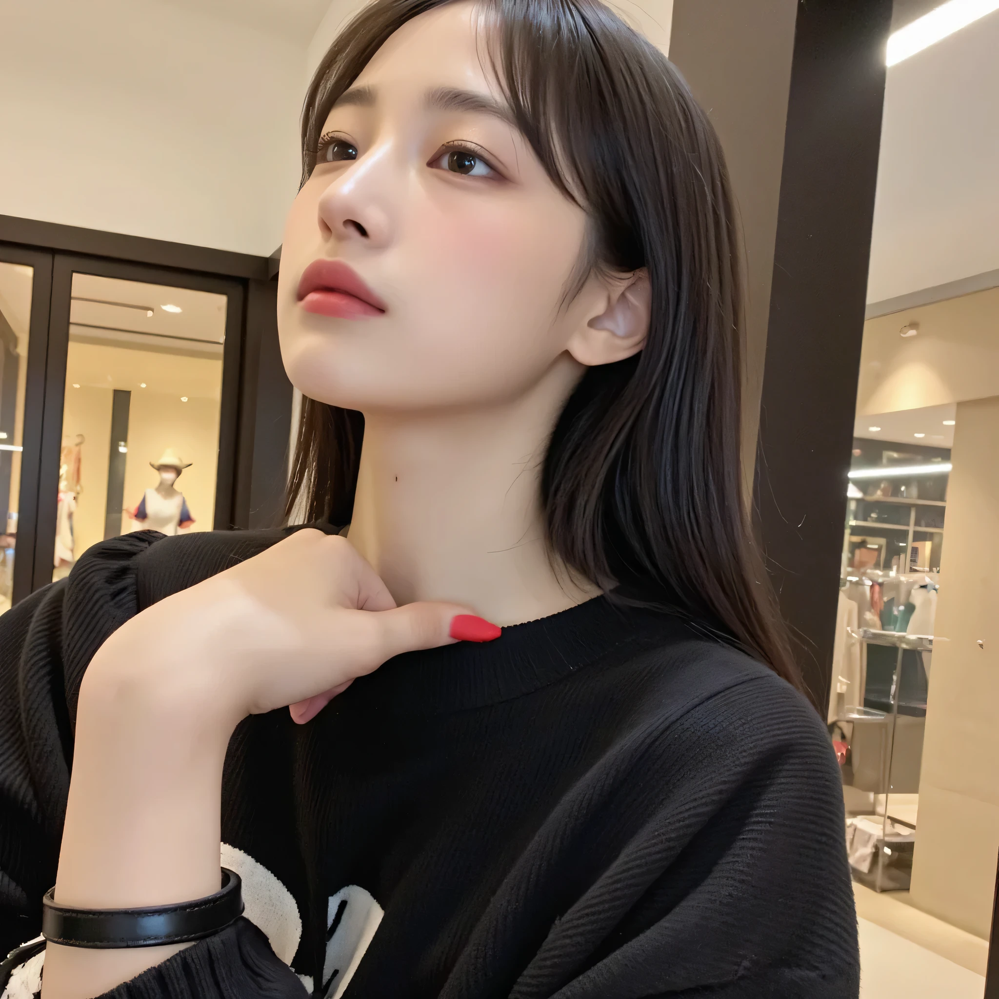 a hyper-realistic selfie of a stunningly beautiful Korean female idol holding a classic black Chanel handbag gracefully, soft diffused natural light, perfect skin texture with light pores and a slight glow, deep expressive eyes with catchlights, natural glossy lips, long silky black hair slightly tousled, minimal makeup, candid and confident expression, standing in front of a luxury boutique in Seoul, stylish but elegant outfit, slight head tilt, warm color tones, shallow depth of field, high realism, 8k cinematic portrait, taken with iPhone 14 Pro, emotional and elegant