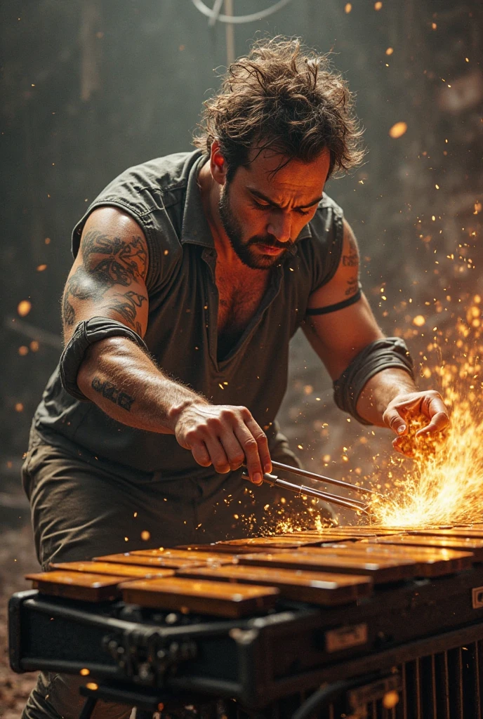 Dashing man fight with iron rod in iron garage