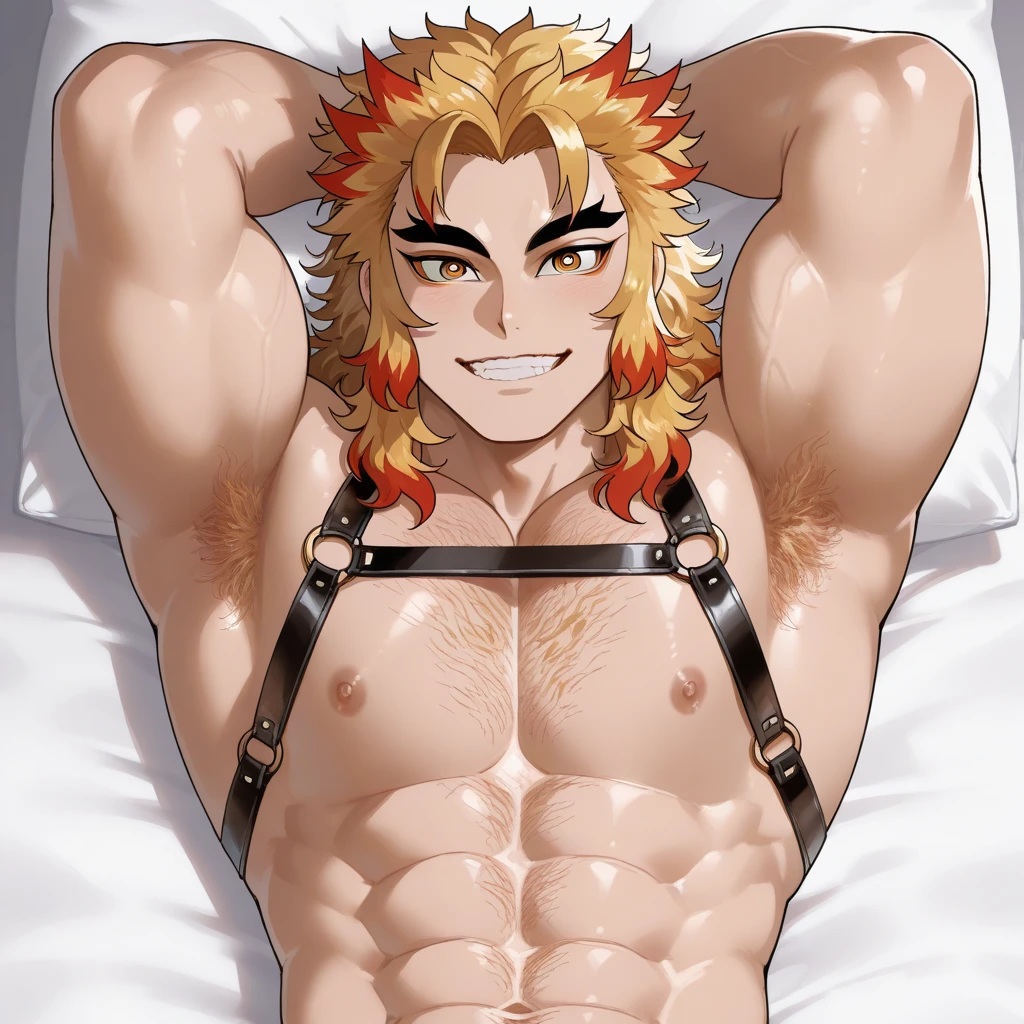 In a bold, high-contrast shot, a striking figure stands out against a fiery orange backdrop, his chiseled physique on full display as he confidently strikes a pose. No clothes and underwear accentuates his rugged build, while vibrant locks tumble down his forehead, framing piercing blue eyes that sparkle with mischief. The dynamic energy and Kimetsu no Yaiba-inspired palette radiate from this captivating tableau, drawing the viewer in as the subject's gaze meets theirs. Open legs, lyed on a bed , nudity, huge dick out of underwear. Gay