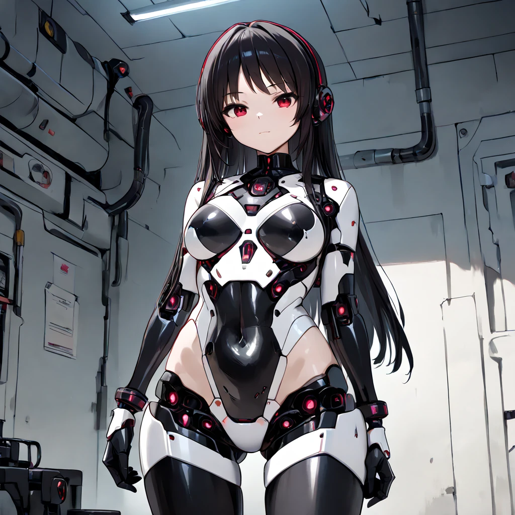masterpiece, best quality,  Extremely detailed , (【8k, 4K, best quality, high resolution, 超Ahigh resolution:1.1), ,8K Portrait,  Japanese android girl ,plump ,  Dark Black Leg Cover ,Podcaster , real-time speed ,Android,robot,Manipulator, robot手臂和腿, 黑色robot部件, ebony long hair, Mechanical Body , blunt Liu Hai , Perfect Mechanical Belly ,白色robot零件,完美的robot女性,future laboratory, Network Punk ,Charging Pile ,laboratory,Long Pipe,Thick cable connects to her neck, White Ceramic Body  ,完美的 Mechanical Body , 白色robot身體, Lead Hanging Antenna ,Mechanical earmuffs,Android,robot人形, Black Sponge Joint ,Removable cover located in the groin,port located in the groin, Open Side Panel , Chest Access Panel , Open Chest , Perfect Mechanical Chest ,Perfect black machine body,perfect black Android body, She has repaired ,Assembly Factory , Dark Black Leggings , Dark Black Leggings ,Smile