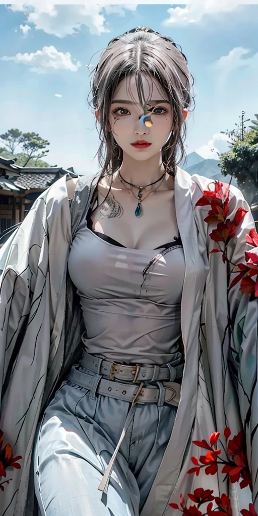 ((((highest quality))))、(((Ultra-precision CG16K wallpaper)))、(((masterpiece)))、(((Super detailed)))、(((super extreme details)))、((１people&#39;s women))、mature woman、24 year old woman、(((clarity、detailed face:1.6)))、((Japanese face))、((very beautiful face))、((Mai Shiraishi:1.5))、((straight long ponytail hair、blunt bangs:1.5))、(shiny brown hair)、((Big eyes with double eyelids))、beautiful delicate eyes、brown eyes、raised eyebrows、high nose、small nostrils、small mouth、seductive lips、beautiful breasts、((C cup size breasts))、cleavage、plump body、(Chubby body type)、perfect proportions、perfect anatomy、perfect composition、beautiful detailed shading、beautiful natural lighting、beautiful detail glow、Depth of the bounds written、(((High chroma)))、(((real:1.9)))、((vivid:1.5))、((edge:1.6))、((beautiful skin))、((skin texture))、((realな皮膚感))、(((cowboy shot:1.6)))、((front view:1.8))、((shy smile:1.5))、(Eyes looking at me:1.5)、Bright daylight、Natural light、(((in the forest:1.6)))、(standing pose:1.5)、(((White sleeveless collared shirt with hem、Red hot pants:1.6)))、((earrings、wearing necklace:1.3))、