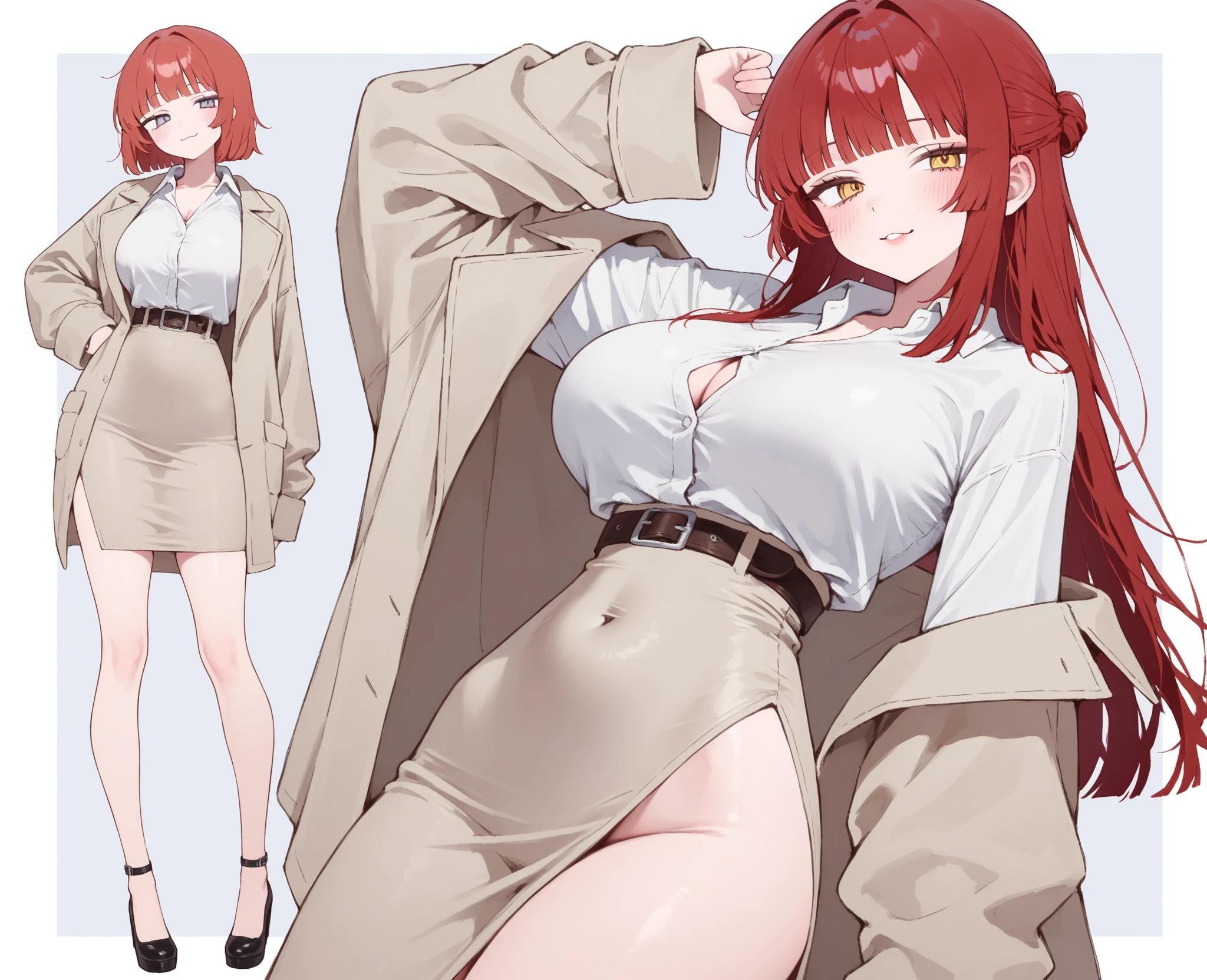 Highest quality,anime style, Detailed face, Character Sheet,nude,(((young woman:1.5))), ((whole body:1.2)), Full of details, multiple postures and expressions, Very detailed, depth, 1 young woman, (masterpiece), 8KHighest quality, Expressive eyes, Perfect Face, High resolution, 1 Girl, alone,Character design sheet, (Redhead:1.5) (Female Body:1.3),smile, Medium Hair, (Orange eyes), (Female Body:1.3), clavicle, naked, Without clothes, Slender figure,Cleavage,seiza,Sitting pose, Blushed,Sweaty, glistening skin,Looking at the audience,(White background),Plain white background,