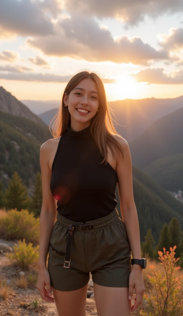 Cuty brunette, in front of a mountain, she's smiling and seeing the camera, she wear a short and a crop top