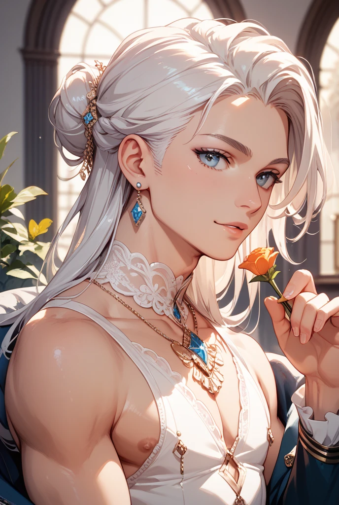 (best quality, masterpiece: 1.2), ultra-high resolution, realistic, front lighting, intricate details, exquisite details and textures, 1girl, solo, (young), face illumination, full body, detailed face, tear mole, white skin, silver hair, ponytail, pigtail hair, looking at the viewer, big eyes, silk robe, (hollow pattern, white, silk), earrings, small breasts, slim body, luxury room, professional lighting, photon display, radio, physical rendering