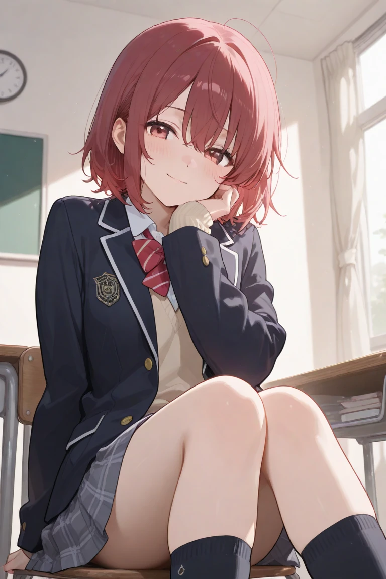 Masterpiece to the smallest detail、top-quality、1girl in、独奏、Looks like 、140cm petite beautiful girl、small tits、5 year old baby face、red hairs、Gradient bob in the forward、Pink and violet mesh、Tall, big eyes、Outstanding looks、A lovely child、proximity、closed_mouth、a smile、red blush、full of shyness、blue headwear、Hats、pink bowtie、校服、 Blue jacket、jaket、skirt by the、Gray skirt shirt、white  shirt、an legs、Black socks、sitting on、‎Classroom、hair_ornament、looking_at_viewer、beatiful detailed eyes、Akame、panties on、lift up one's skirt、Professional effects、